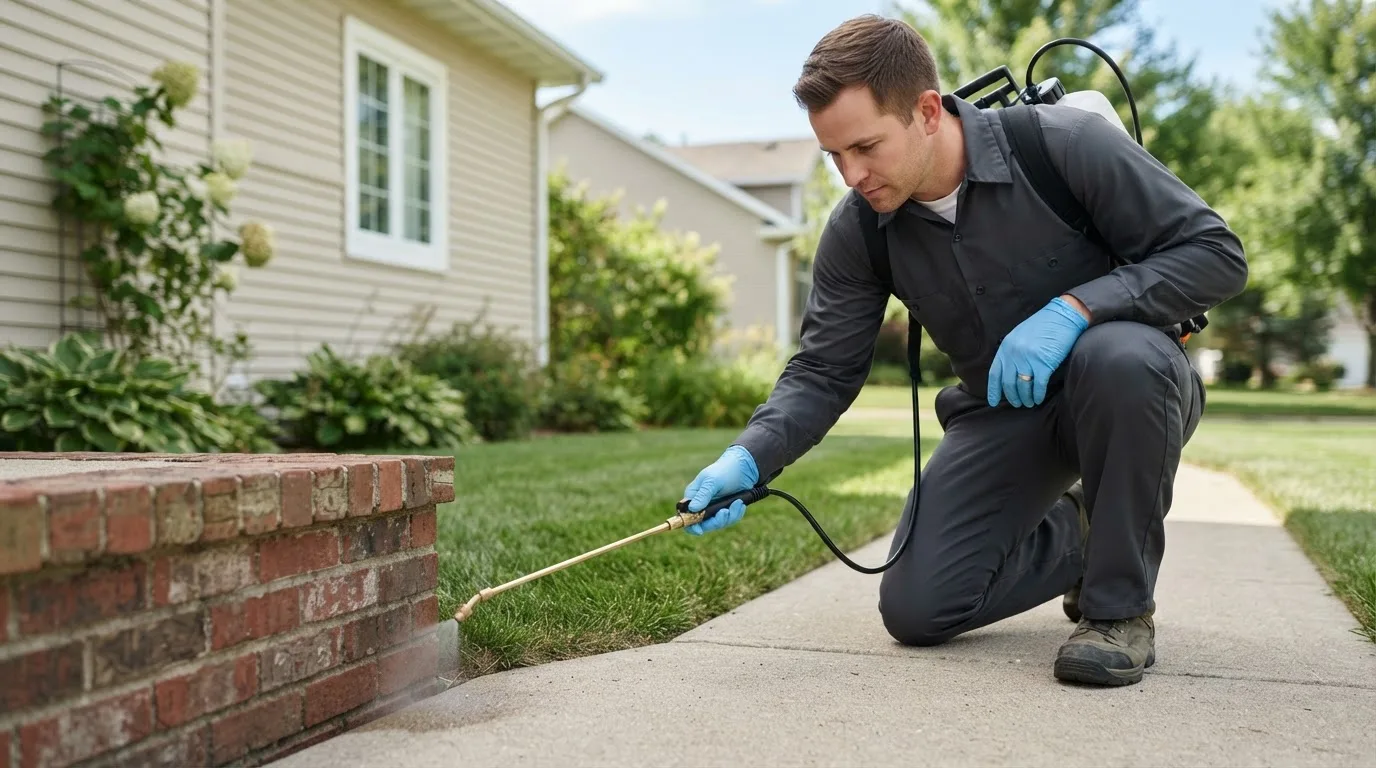 Pest control technician treating a home near Redding, IA