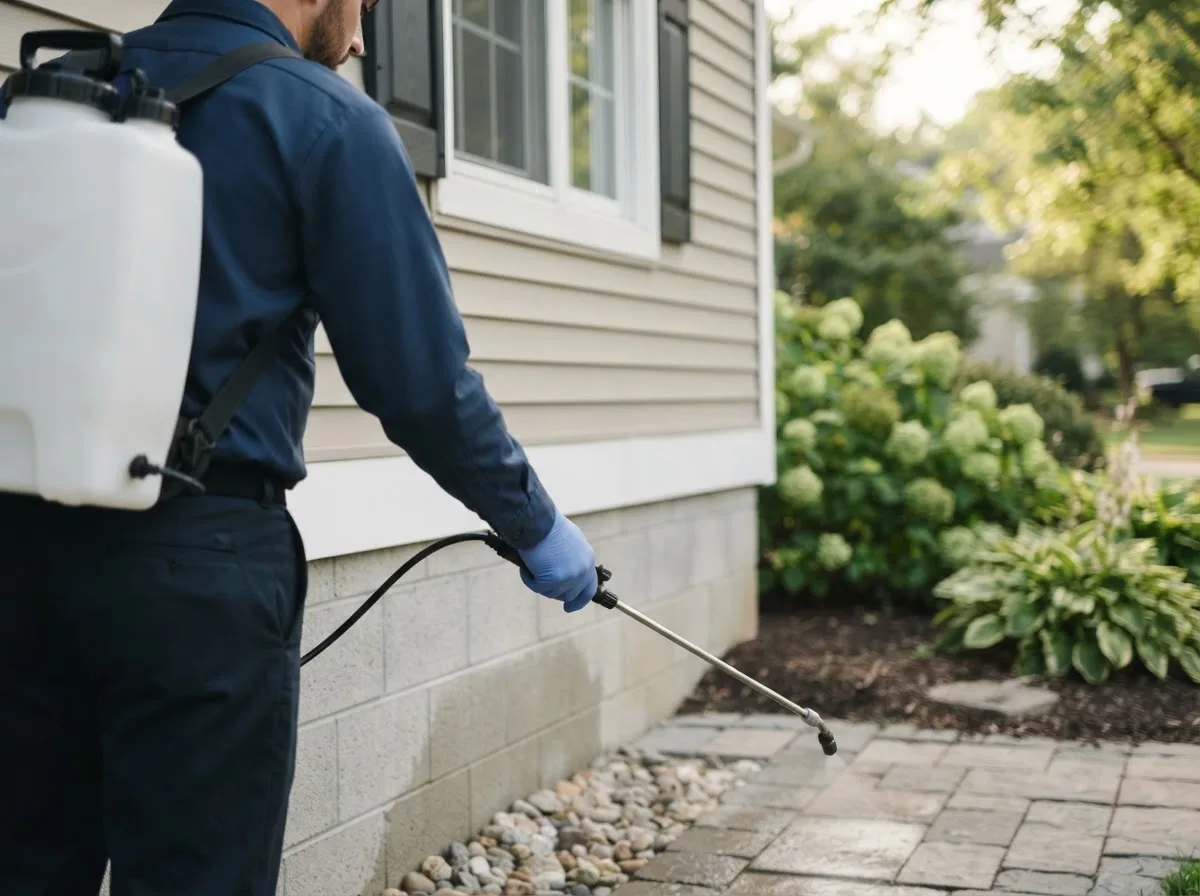 Pest control technician inspecting a home in Redding, IA